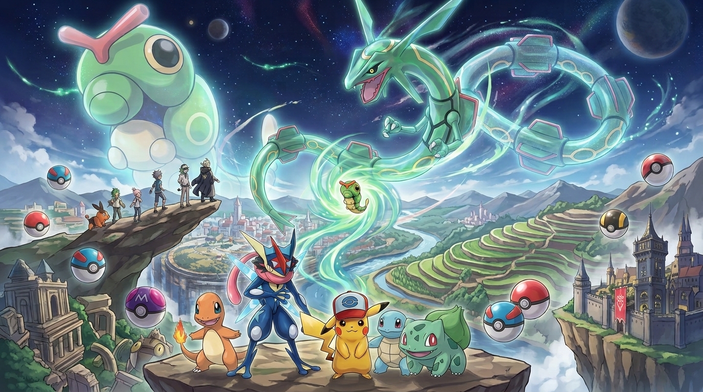 PokeWorld 主题插画：绿毛虫幻想化为天空巨龙，皮卡丘、羁绊甲贺忍蛙与伙伴们在仙境中相聚